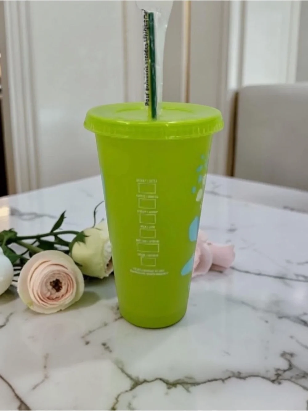 Starbucks Bright Lime Green Tumbler with Abstract Color Accents 24oz. NEW
